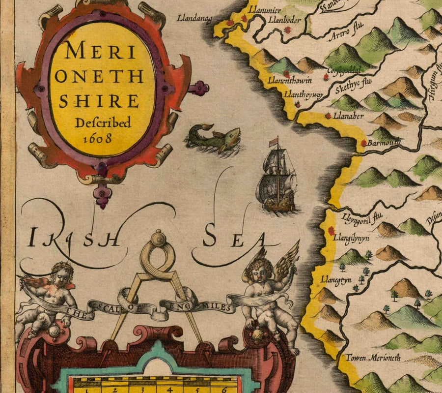 Ancienne carte du Merionethshire, Pays de Galles en 1611 par John Speed - Dolgellau, Aberdyfi, Bala, Barmouth, Harlech, Snowdonia