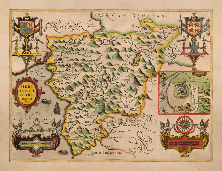 Ancienne carte du Merionethshire, Pays de Galles en 1611 par John Speed - Dolgellau, Aberdyfi, Bala, Barmouth, Harlech, Snowdonia
