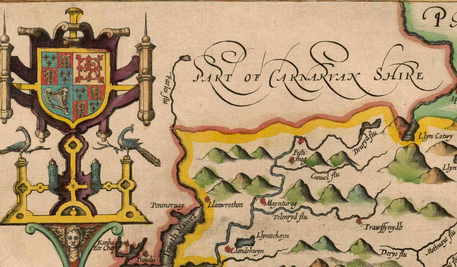 Ancienne carte du Merionethshire, Pays de Galles en 1611 par John Speed - Dolgellau, Aberdyfi, Bala, Barmouth, Harlech, Snowdonia