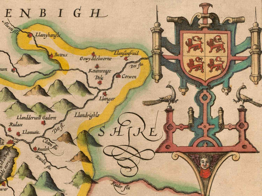 Ancienne carte du Merionethshire, Pays de Galles en 1611 par John Speed - Dolgellau, Aberdyfi, Bala, Barmouth, Harlech, Snowdonia