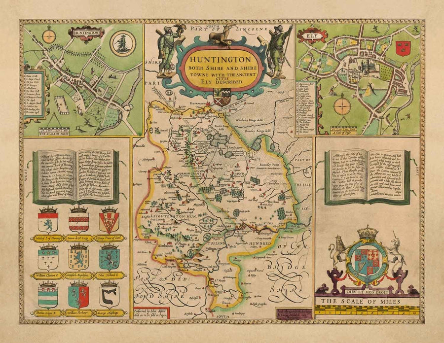 Ancienne carte du Huntingdonshire 1611 par John Speed - Huntingdon, Cambridgeshire, St. Ives, St. Neots, Godmanchester Yaxley 