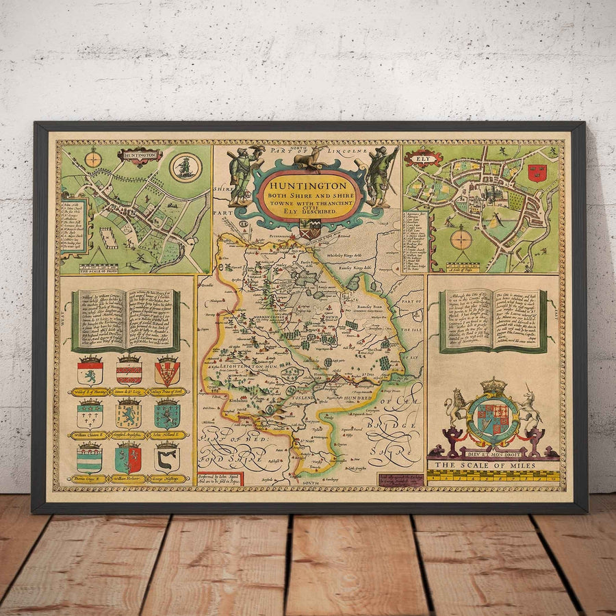 Ancienne carte du Huntingdonshire 1611 par John Speed - Huntingdon, Cambridgeshire, St. Ives, St. Neots, Godmanchester Yaxley 