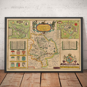 Ancienne carte du Huntingdonshire 1611 par John Speed - Huntingdon, Cambridgeshire, St. Ives, St. Neots, Godmanchester Yaxley 