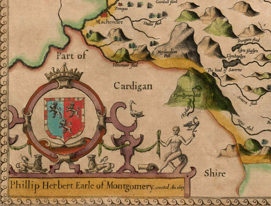 Ancienne carte du Montgomeryshire, Pays de Galles, 1611 par John Speed - Powys, Maldwyn, Montgomery, Newtown, Welshpool, Llanidloes