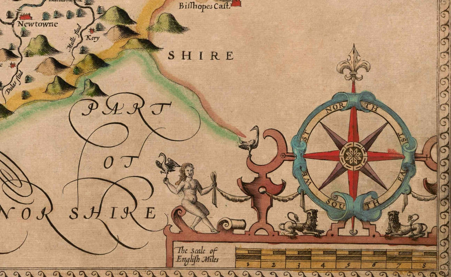 Ancienne carte du Montgomeryshire, Pays de Galles, 1611 par John Speed - Powys, Maldwyn, Montgomery, Newtown, Welshpool, Llanidloes