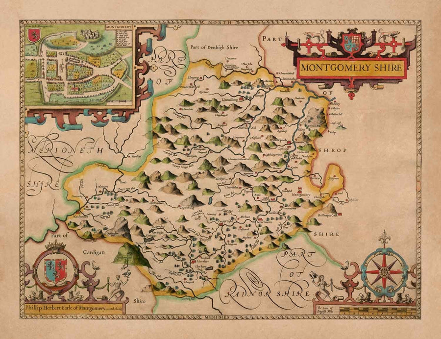 Ancienne carte du Montgomeryshire, Pays de Galles, 1611 par John Speed - Powys, Maldwyn, Montgomery, Newtown, Welshpool, Llanidloes