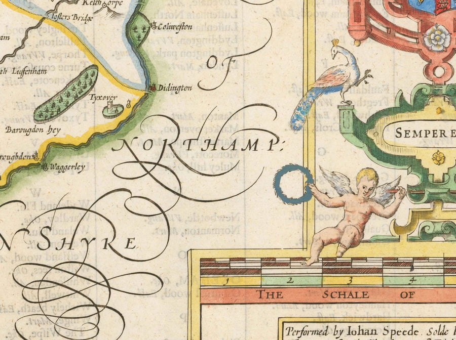 Ancienne carte du Rutland, 1611 par John Speed - Rutlandshire, Oakham, Edith Weston, Uppingham, Ketton, Stretton