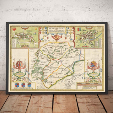 Antiguo mapa de Rutland, 1611 por John Speed - Rutlandshire, Oakham, Edith Weston, Uppingham, Ketton, Stretton