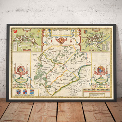 Alte Karte von Rutland, 1611 von John Speed - Rutlandshire, Oakham, Edith Weston, Uppingham, Ketton, Stretton 