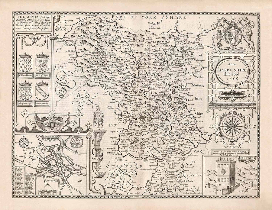 Old monochrome Carte of Derbyshire, 1611 par John Speed ​​- Derby, Chesterfield, Buxton, Peak District