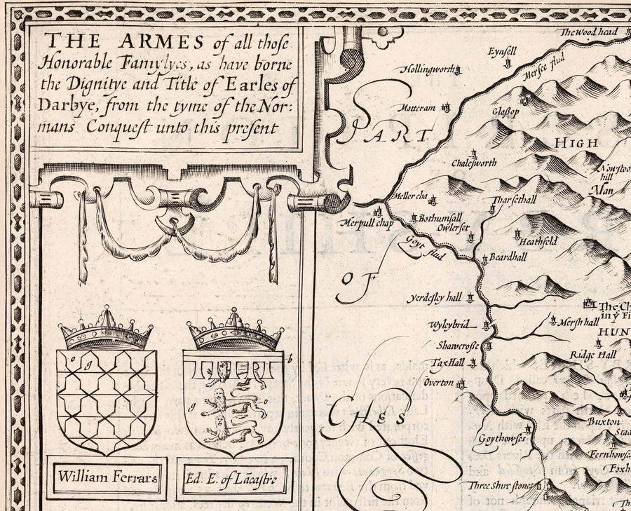 Old monochrome Carte of Derbyshire, 1611 par John Speed ​​- Derby, Chesterfield, Buxton, Peak District