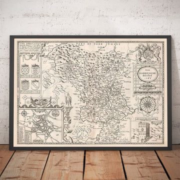 Old Monochrome Map of Derbyshire, 1611 by John Speed - Derby, Chesterfield, Buxton, Peak District