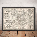 Old monochrome Carte of Derbyshire, 1611 par John Speed ​​- Derby, Chesterfield, Buxton, Peak District