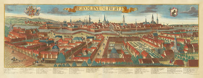 Mapa antiguo de Berlín, 1760 por Balthasar Probst - Carta panorámica antigua con escudo de armas