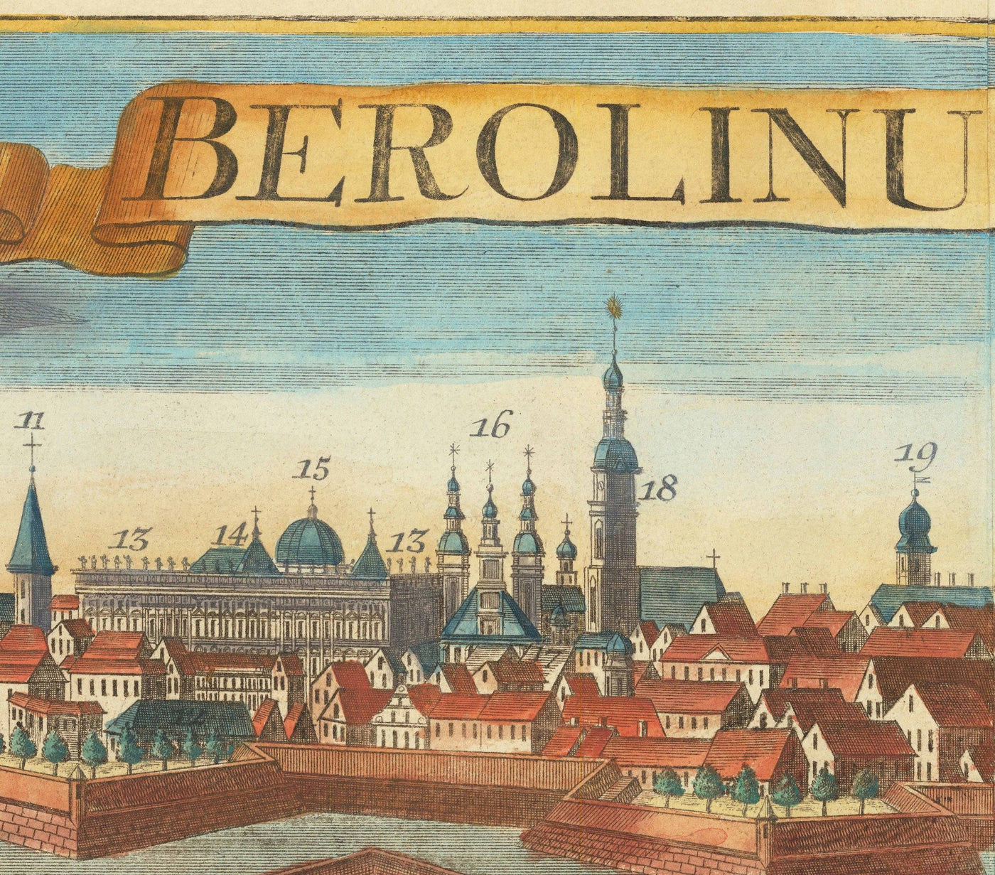 Mapa antiguo de Berlín, 1760 por Balthasar Probst - Carta panorámica antigua con escudo de armas
