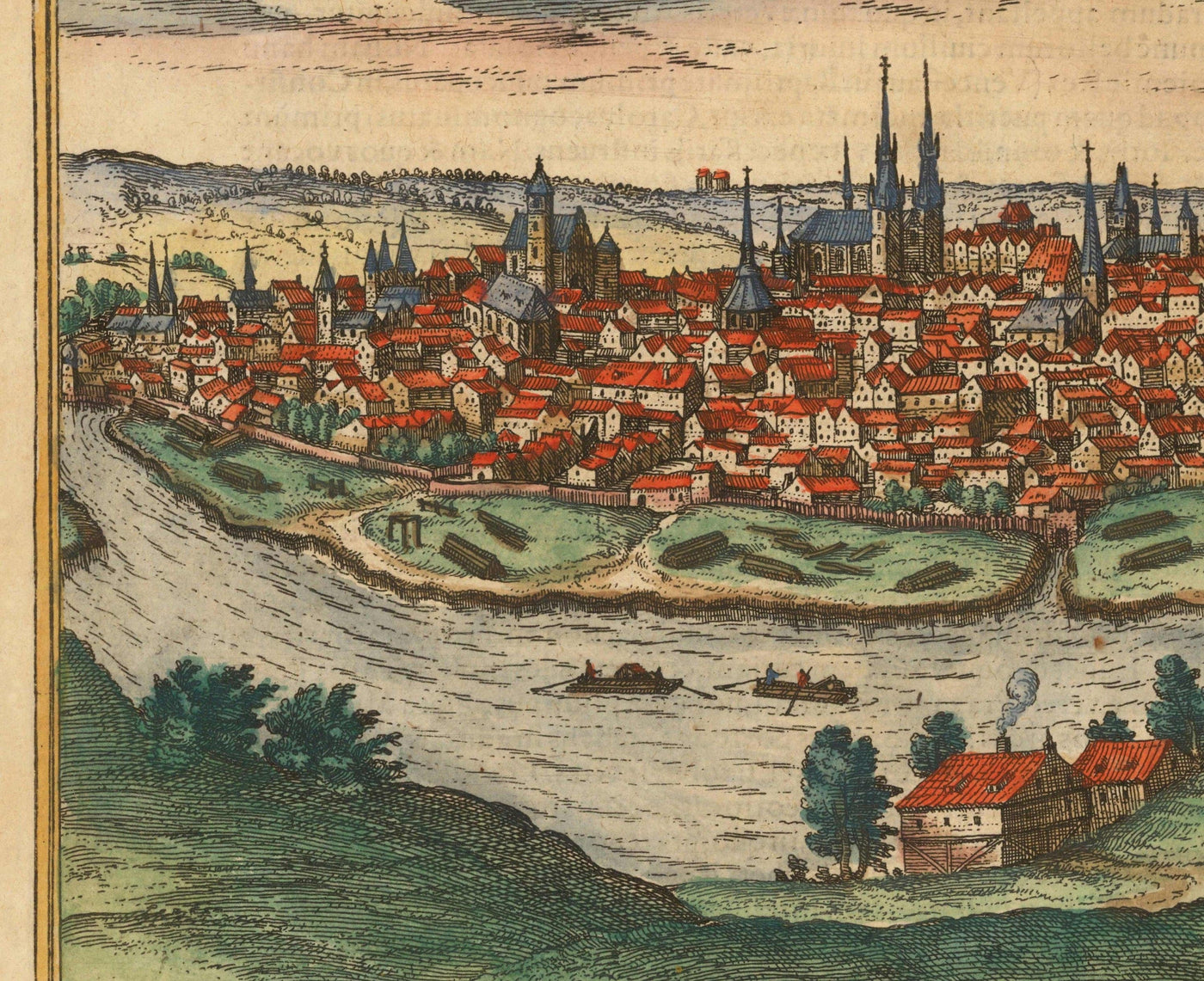 Mapa antiguo de Praga, Chequia, por Georg Braun, 1572 - Bohemia, Castillo, Moldava, Iglesia de Týn Teyn, Ciudad Vieja, Mala Strana