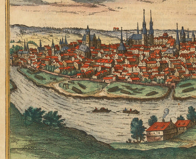 Mapa antiguo de Praga, Chequia, por Georg Braun, 1572 - Bohemia, Castillo, Moldava, Iglesia de Týn Teyn, Ciudad Vieja, Mala Strana