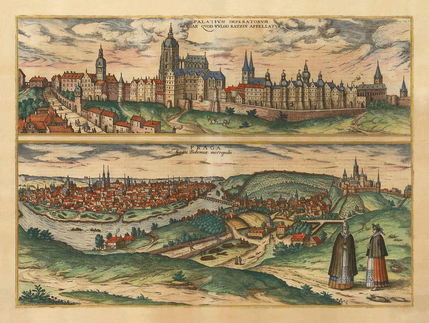 Mapa antiguo de Praga, Chequia, por Georg Braun, 1572 - Bohemia, Castillo, Moldava, Iglesia de Týn Teyn, Ciudad Vieja, Mala Strana