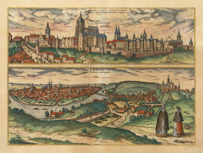 Mapa antiguo de Praga, Chequia, por Georg Braun, 1572 - Bohemia, Castillo, Moldava, Iglesia de Týn Teyn, Ciudad Vieja, Mala Strana