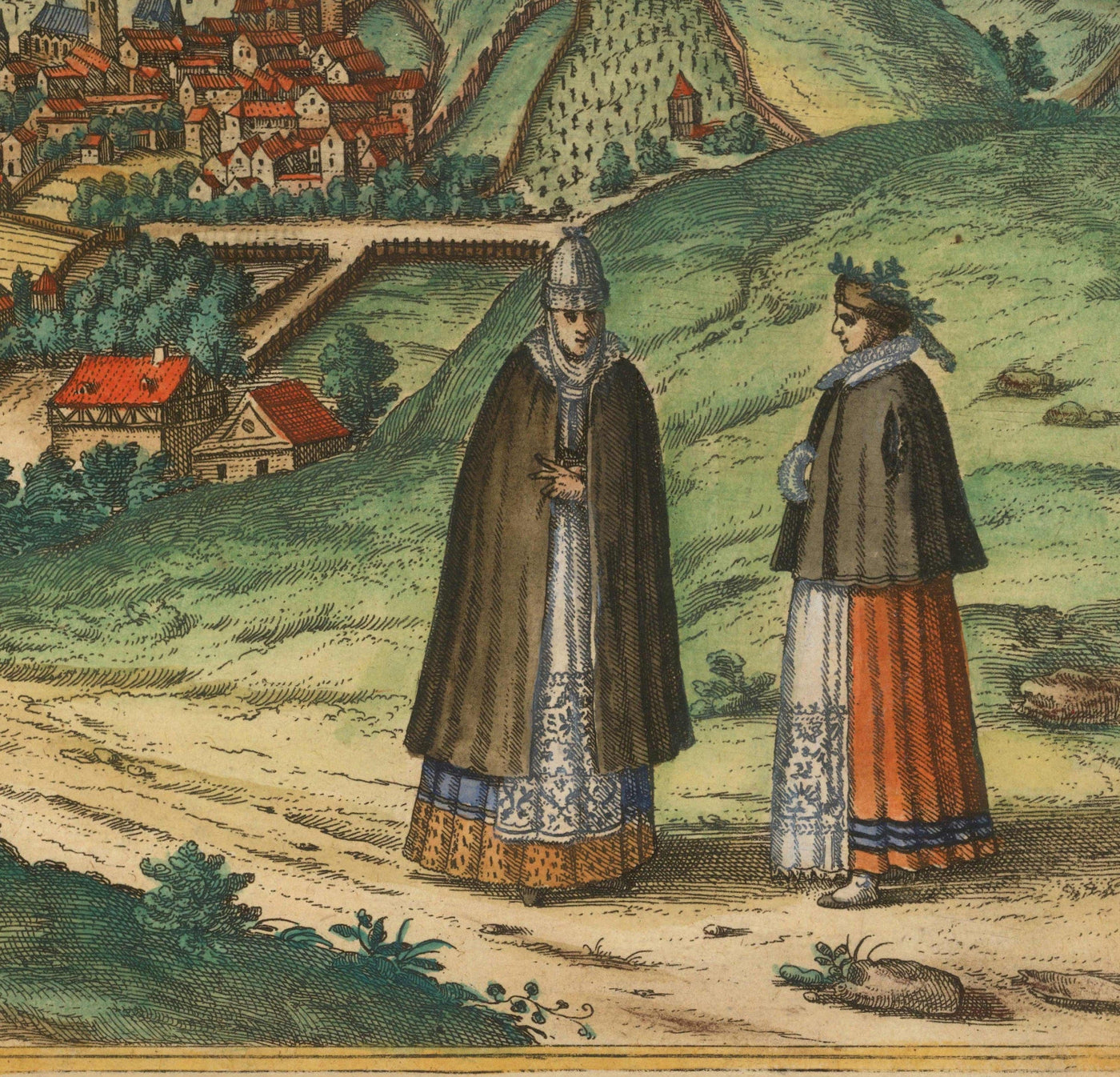 Mapa antiguo de Praga, Chequia, por Georg Braun, 1572 - Bohemia, Castillo, Moldava, Iglesia de Týn Teyn, Ciudad Vieja, Mala Strana