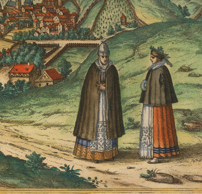 Mapa antiguo de Praga, Chequia, por Georg Braun, 1572 - Bohemia, Castillo, Moldava, Iglesia de Týn Teyn, Ciudad Vieja, Mala Strana