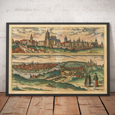 Mapa antiguo de Praga, Chequia, por Georg Braun, 1572 - Bohemia, Castillo, Moldava, Iglesia de Týn Teyn, Ciudad Vieja, Mala Strana