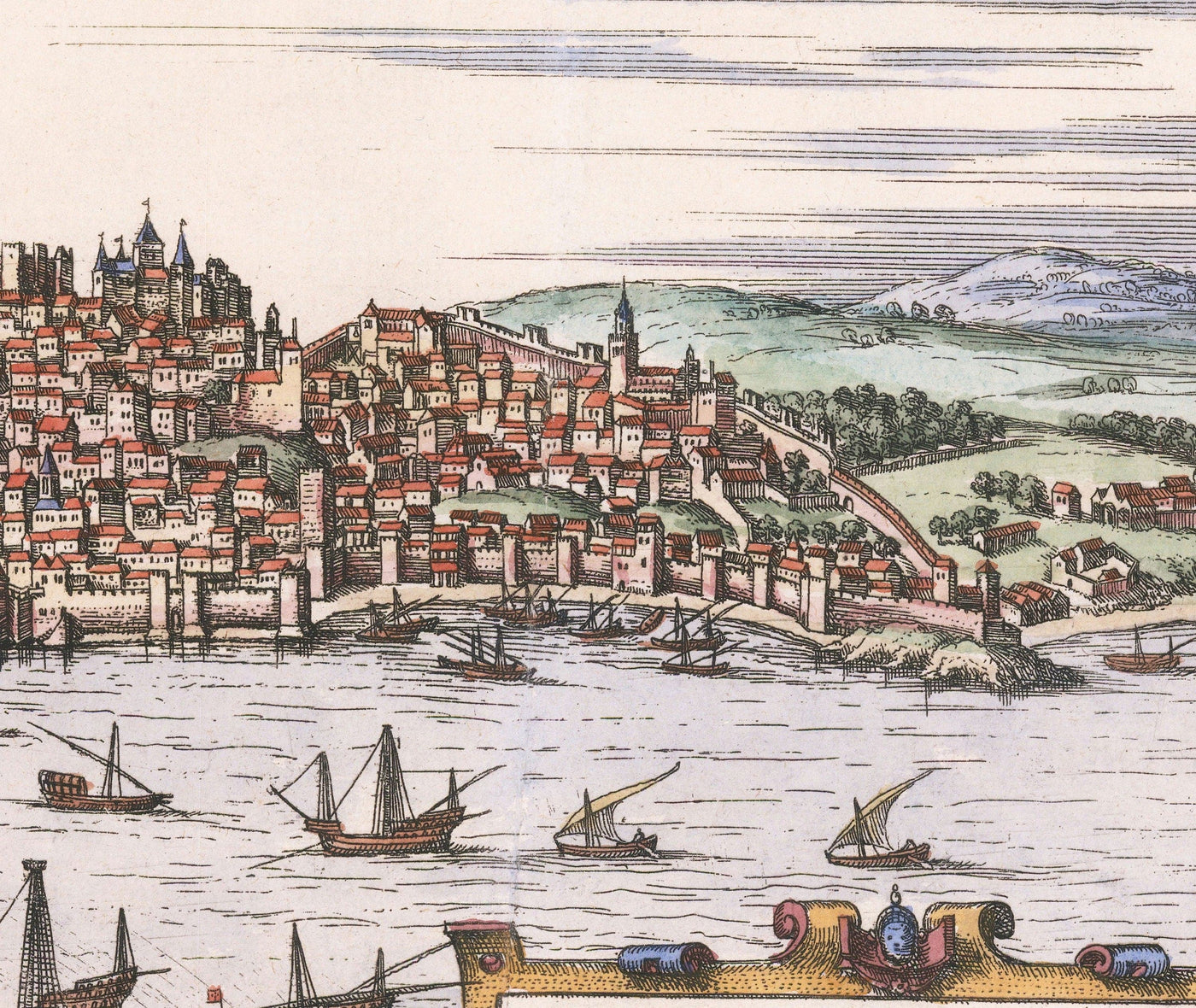 Old Map of Lisbon, Portugal by Georg Braun in 1572 - Castle, Cathedral, City Walls, Downtown, Old Streets