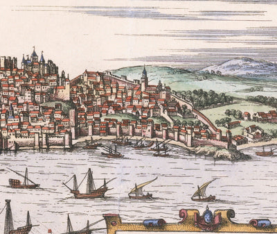 Old Map of Lisbon, Portugal by Georg Braun in 1572 - Castle, Cathedral, City Walls, Downtown, Old Streets