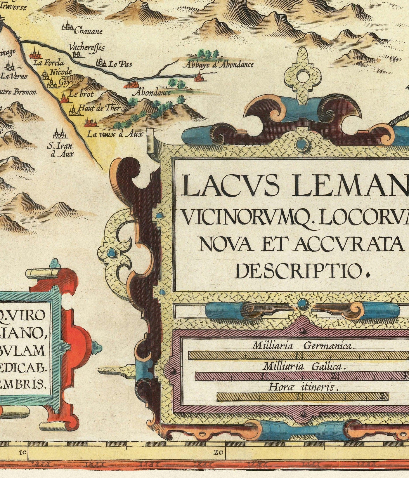 Old Map of Lake Geneva by Abraham Ortelius, 1573 - Lausanne, Montreux, Thonon-les-Bains, Evian, Nyon, Morges