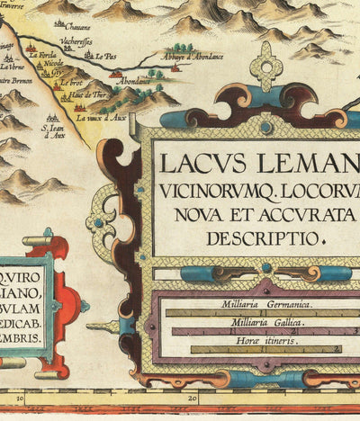 Old Map of Lake Geneva by Abraham Ortelius, 1573 - Lausanne, Montreux, Thonon-les-Bains, Evian, Nyon, Morges