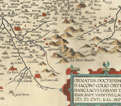 Old Map of Lake Geneva by Abraham Ortelius, 1573 - Lausanne, Montreux, Thonon-les-Bains, Evian, Nyon, Morges