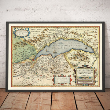 Ancienne carte du lac Léman par Abraham Ortelius, 1573 - Lausanne, Montreux, Thonon-les-Bains, Evian, Nyon, Morges