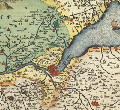 Old Map of Lake Geneva by Abraham Ortelius, 1573 - Lausanne, Montreux, Thonon-les-Bains, Evian, Nyon, Morges
