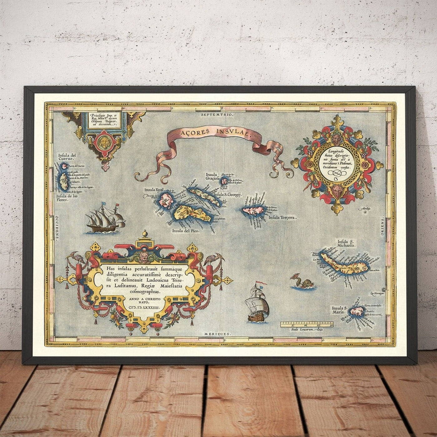 Alte Karte der Azoren von Abraham Ortelius, 1573 - São Miguel, Pico, Terceira, São Jorge, Faial, Portugal, Atlantik 