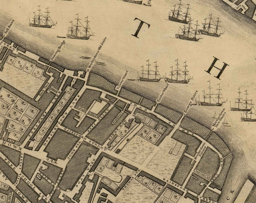 Ancienne carte de Londres par John Rocque, 1746, F2 - Tour de Londres, Shad Thames, St Katherine Dock, Tower Hamlets, Bermondsey