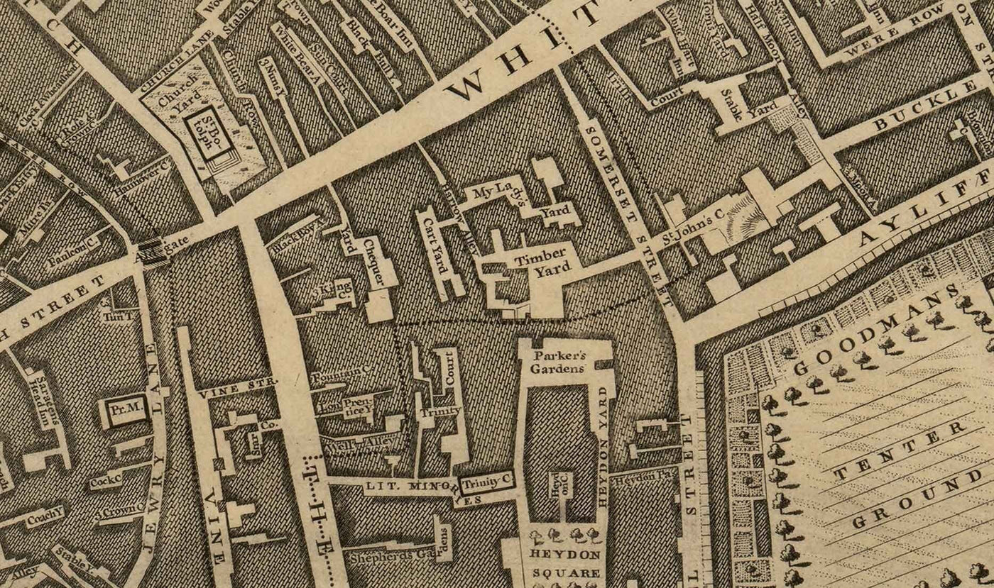 Ancienne carte de Londres par John Rocque, 1746, F2 - Tour de Londres, Shad Thames, St Katherine Dock, Tower Hamlets, Bermondsey