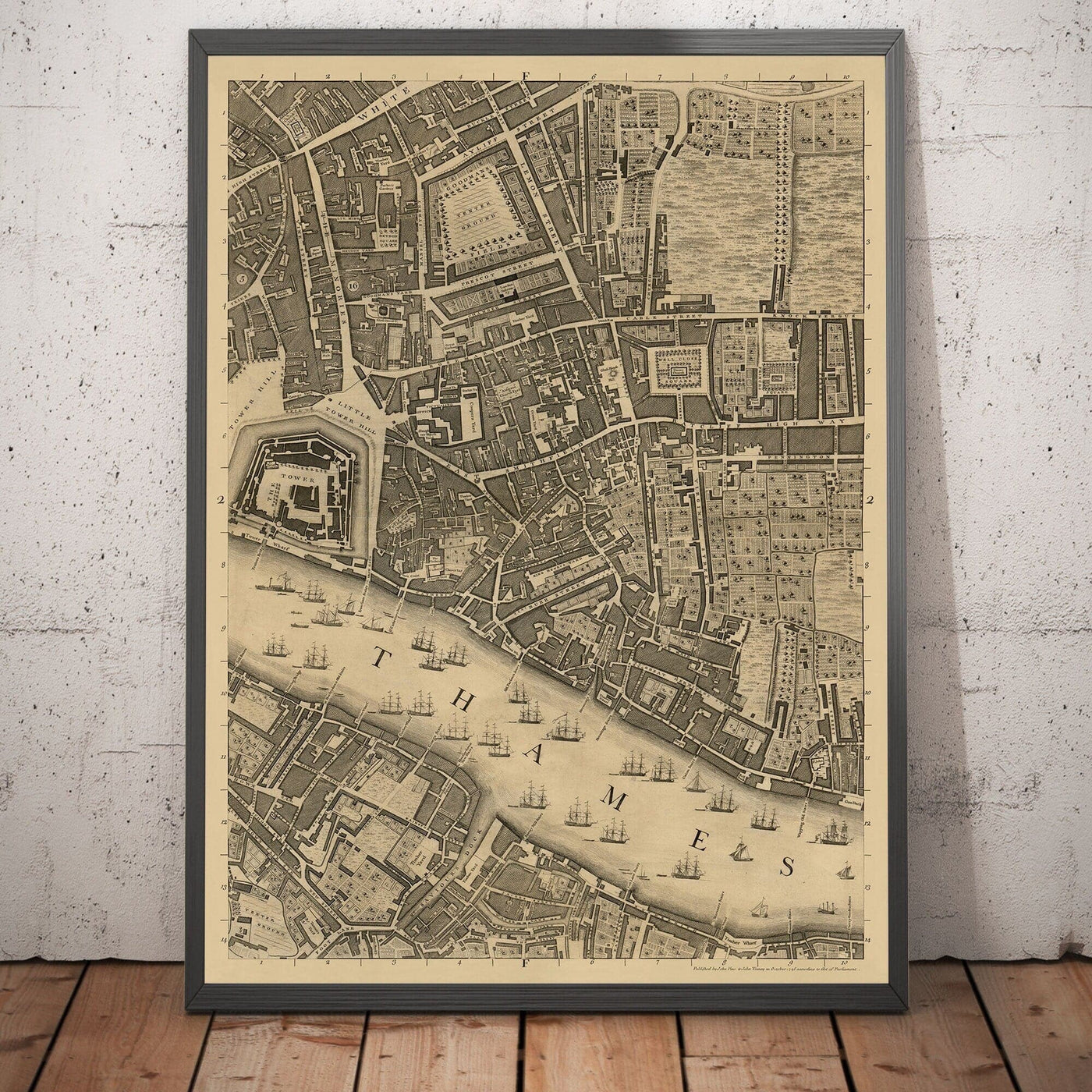 Ancienne carte de Londres par John Rocque, 1746, F2 - Tour de Londres, Shad Thames, St Katherine Dock, Tower Hamlets, Bermondsey