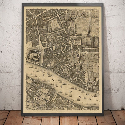 Ancienne carte de Londres par John Rocque, 1746, F2 - Tour de Londres, Shad Thames, St Katherine Dock, Tower Hamlets, Bermondsey