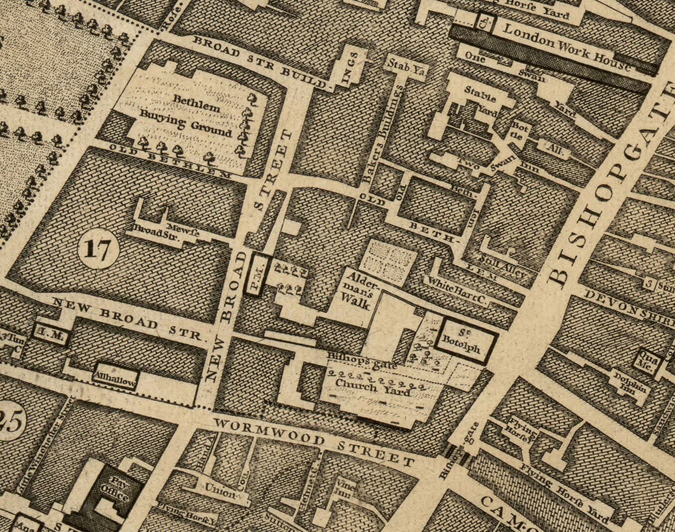 Antiguo mapa de Londres de John Rocque, 1746, E1 - Old Street, Finsbury, Moorgate, Barbican, St Lukes, Liverpool St