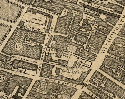Antiguo mapa de Londres de John Rocque, 1746, E1 - Old Street, Finsbury, Moorgate, Barbican, St Lukes, Liverpool St