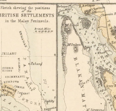 Antiguo mapa colonial de la península de Malasia, 1860 por Fullarton - Singapur, Penang, Malaca, Naning - Asentamientos británicos