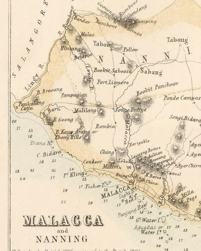 Antiguo mapa colonial de la península de Malasia, 1860 por Fullarton - Singapur, Penang, Malaca, Naning - Asentamientos británicos