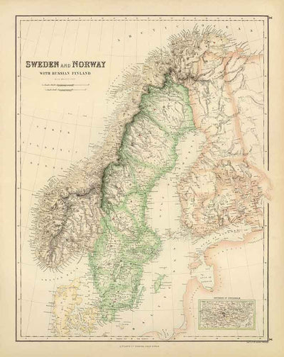 Old Map of Sweden, Norway & Russian Finland, 1872 by Fullarton - Scandinavia, Denmark, Baltic Sea, Gulf of Bothnia