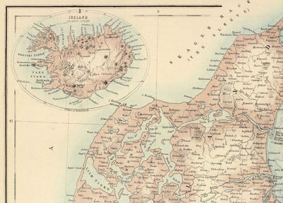 Alte Karte von Dänemark & Schleswig-Holstein, 1872 von Fullarton - Island, Färöer-Inseln, Dänisches Königreich, Zeeland, Kopenhagen 