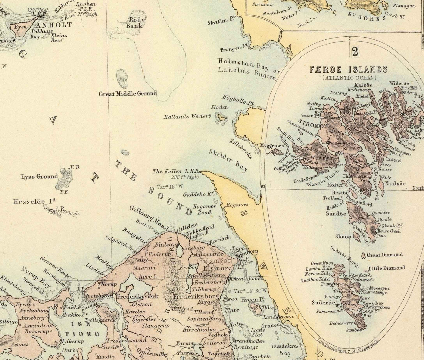 Alte Karte von Dänemark & Schleswig-Holstein, 1872 von Fullarton - Island, Färöer-Inseln, Dänisches Königreich, Zeeland, Kopenhagen 