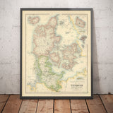 Old Map of Denmark & Schleswig-Holstein, 1872 by Fullarton - Iceland, Faroe Islands, Danish Kingdom, Zeeland, Copenhagen