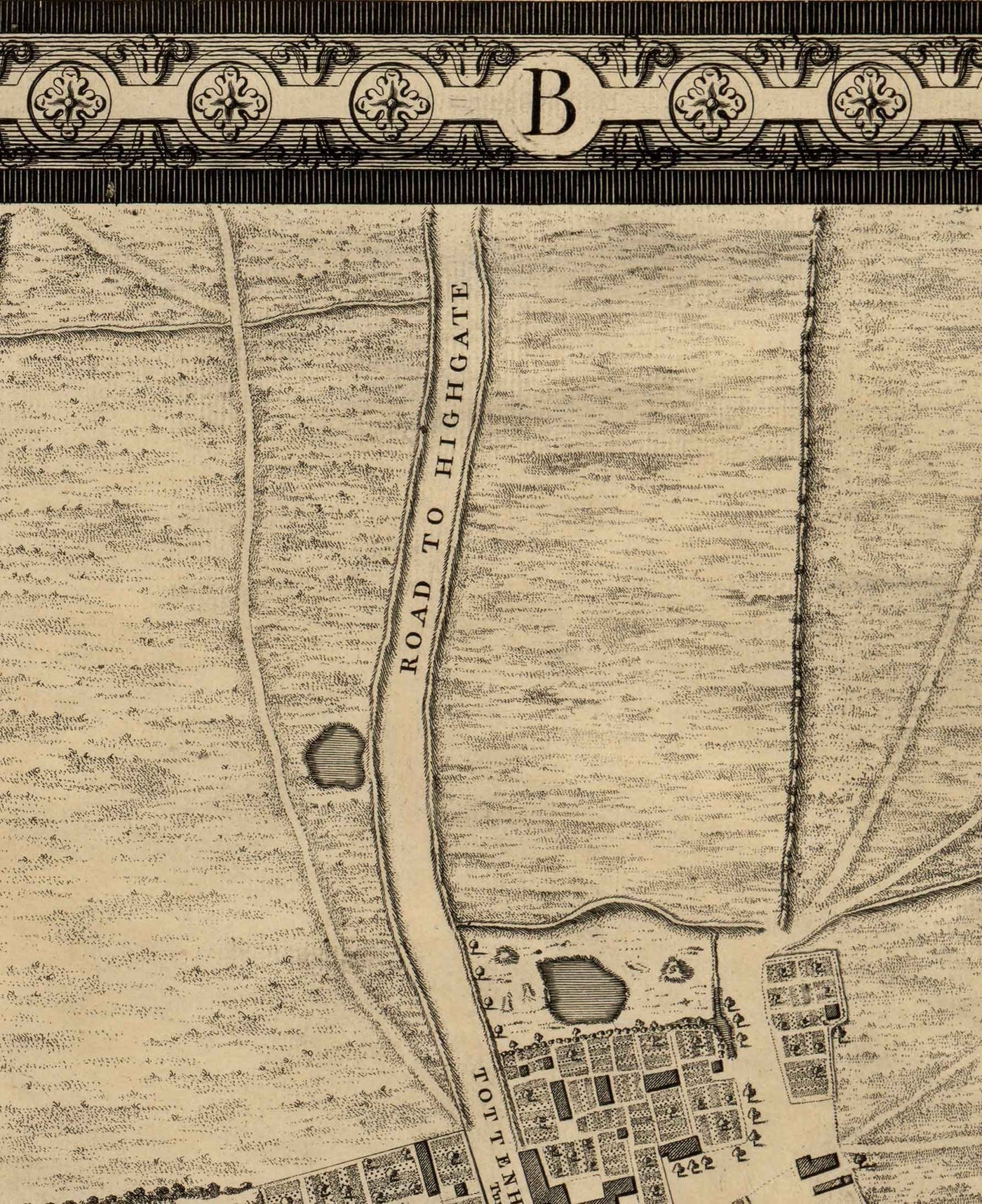 Alte Karte von London von John Rocque, 1746, B1 - Oxford Street, Tottenham Court Road, Fitzrovia, Soho & Cavendish Square 