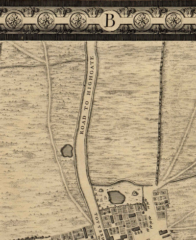 Alte Karte von London von John Rocque, 1746, B1 - Oxford Street, Tottenham Court Road, Fitzrovia, Soho & Cavendish Square 