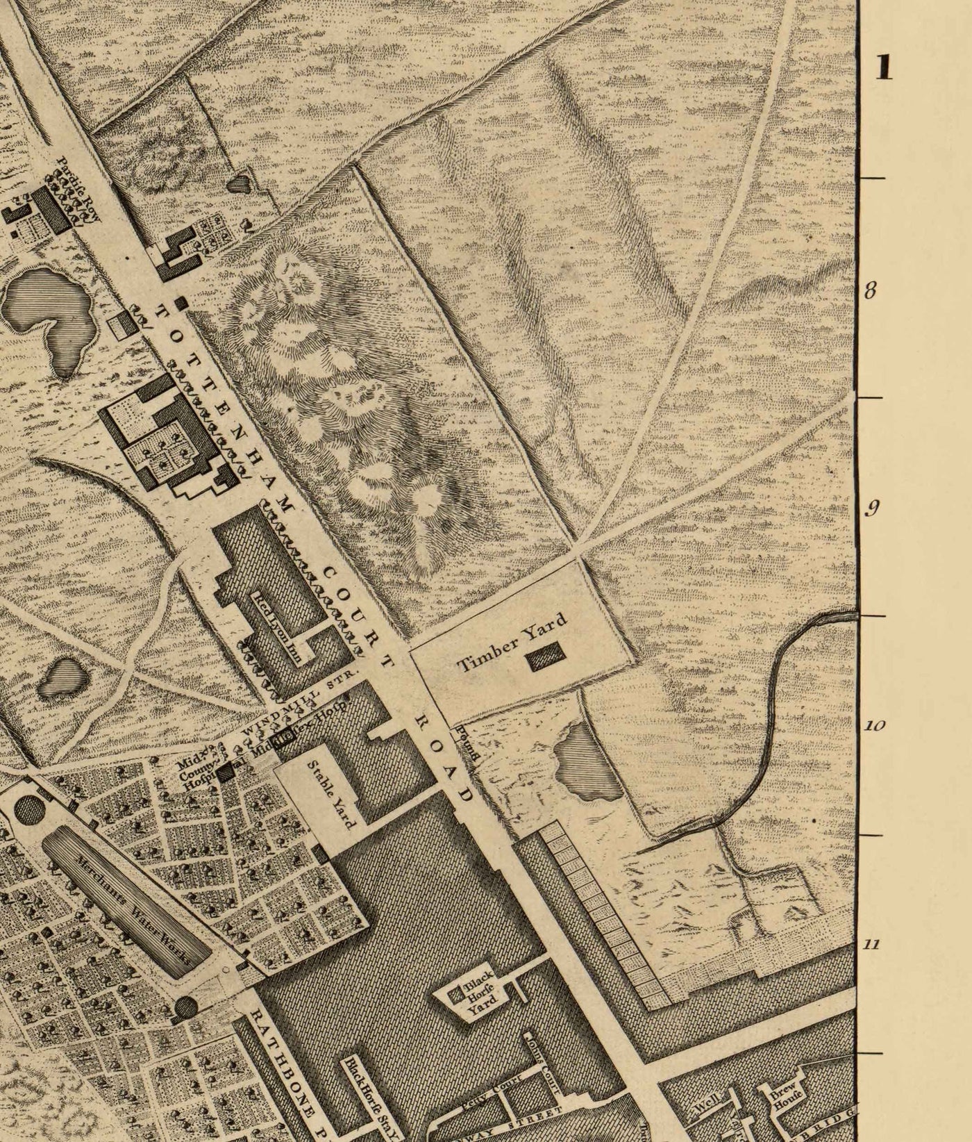 Alte Karte von London von John Rocque, 1746, B1 - Oxford Street, Tottenham Court Road, Fitzrovia, Soho & Cavendish Square 