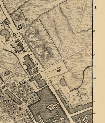 Alte Karte von London von John Rocque, 1746, B1 - Oxford Street, Tottenham Court Road, Fitzrovia, Soho & Cavendish Square 